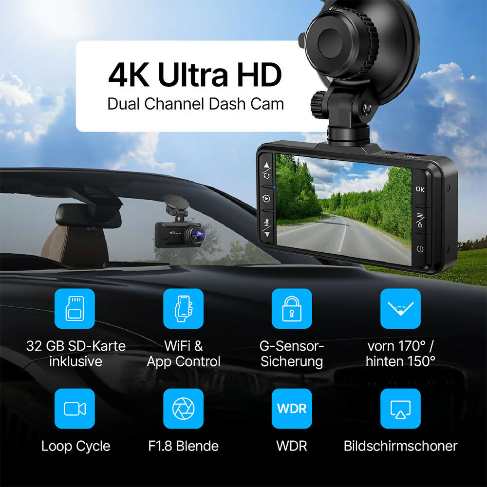 4K dashcam with 3.94" screen / Front & rear / Car camera with 170° wide-angle view / Night vision / Parking monitoring / G-sensor